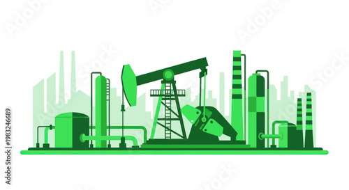 Oil pumpjack and refinery industrial complex, green flat illustration