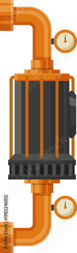 Heating system boiler with connected pipes and pressure gauges for fluid flow control