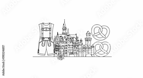 Bavarian-themed illustration of traditional attire, a castle, and pretzels