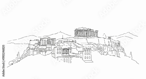 Black ink sketch of an ancient hilltop citadel with classical architecture