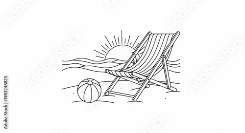 Beach chair and ball by the ocean with sun setting