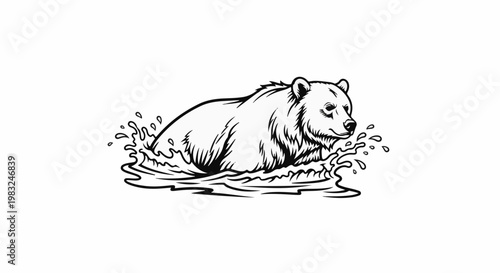 Black and white illustration of a bear swimming in water