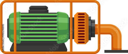 Industrial water pumping machine transferring liquid through an orange pipe