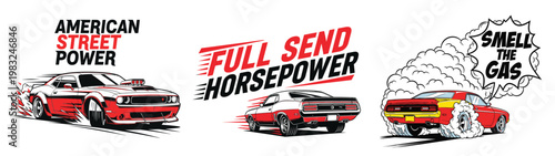 American muscle cars with powerful engines and racing stripes on a white background tshirt design