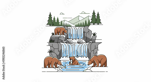 Bears catching fish at a multi-tiered waterfall with mountains