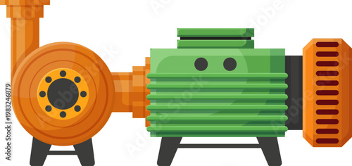 Orange pump connected to a green electric motor for fluid transfer operations