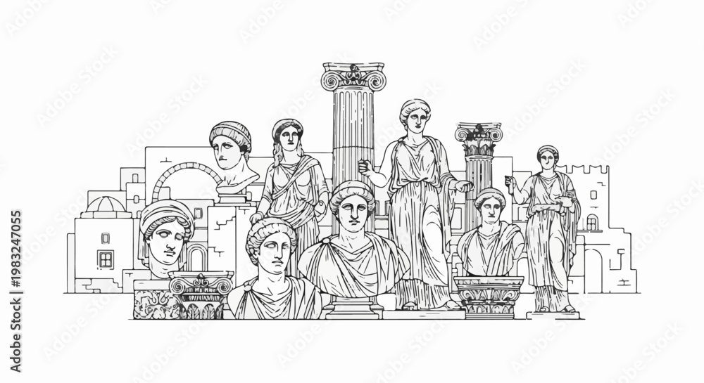Obraz premium Ancient stone sculptures and architectural elements arranged in a stylized composition