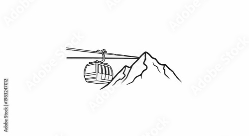 Black and white illustration of a cable car ascending a mountain