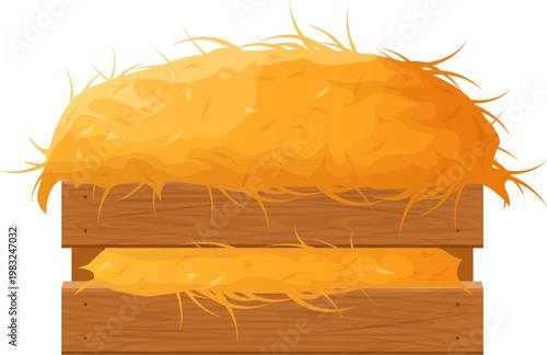 Wooden manger holding golden dried hay on a white background, symbolizing farm life