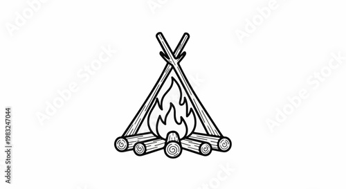 Black and white illustration of a campfire with logs and flames