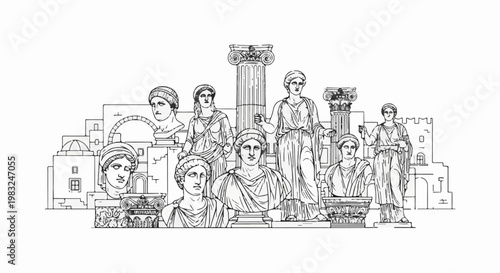 Ancient stone sculptures and architectural elements arranged in a stylized composition