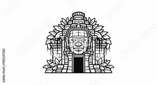 Ancient stone temple facade with a large carved serene face and surrounding foliage