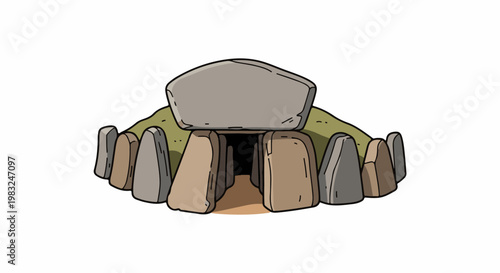 Ancient stone tomb with entrance pathway and earthen mound