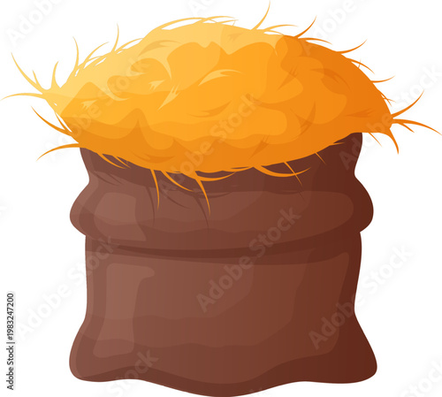 Burlap sack filled with dry golden hay or straw for farm concept