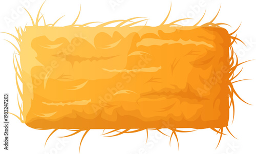 Rectangular bale of hay or straw with wisps and textures on a white background