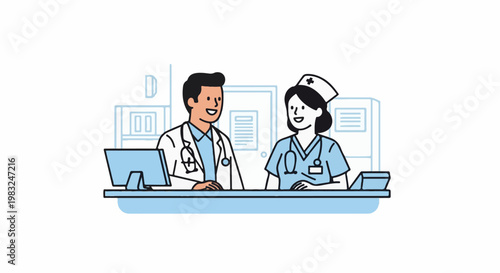 Animated cartoon of a doctor and nurse working at a reception desk