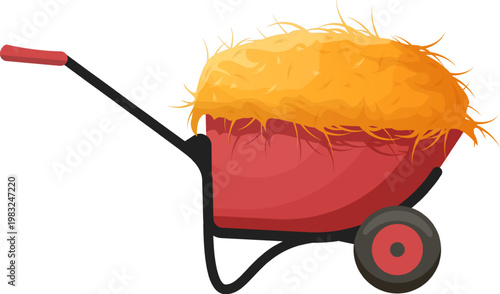 Red wheelbarrow carrying dry hay, representing farm work and gardening