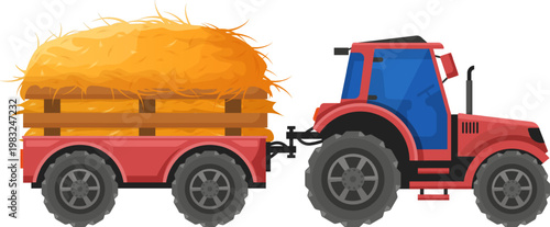 Red farm tractor transporting a load of dry hay in a wooden trailer