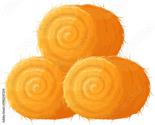 Three round hay bales are stacking, representing rural farming and animal feed