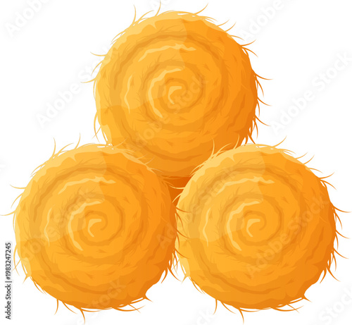 Three round hay bales stacked together on a white background