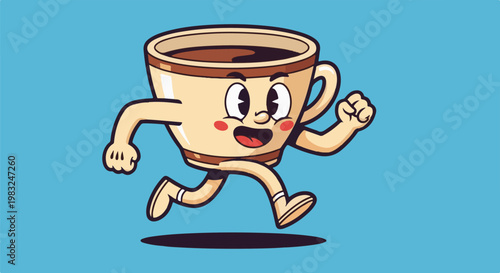 Animated coffee cup with retro style runs with joy on blue background