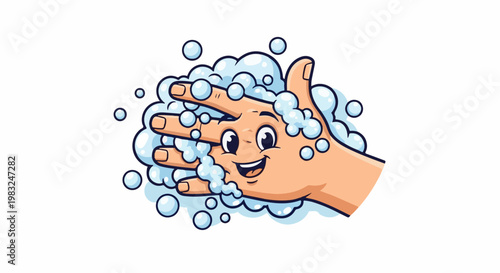 Animated hand with a happy face covered in soap bubbles