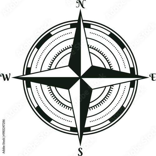 Compass rose icon representing direction, travel, and adventure on a white background