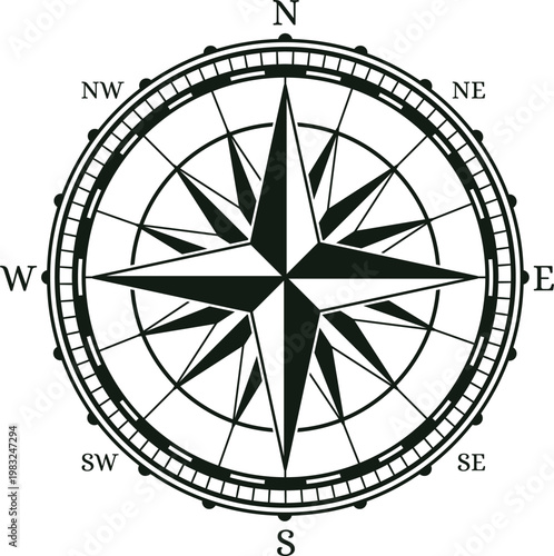 Compass rose vector representing navigation, direction, and travel concepts