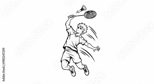 Animated male athlete jumps to hit shuttlecock with racket