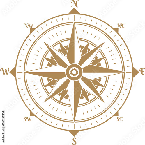 Vintage compass rose vector showing cardinal and intercardinal points for navigation