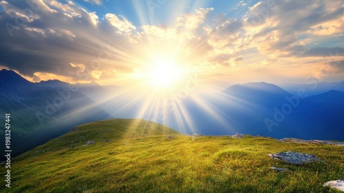 Scenic mountain landscape with a bright sunrise