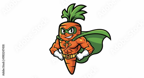 Anthropomorphic superhero carrot with muscular body, green cape, and mask