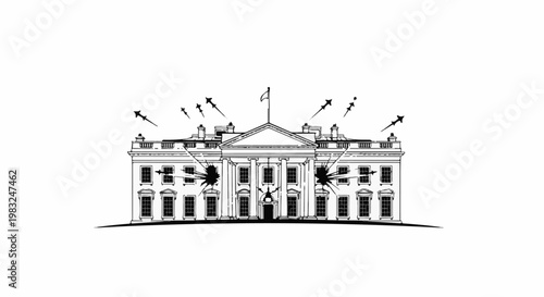 An illustration shows missiles hitting the White House, causing damage