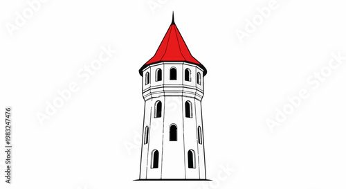 An illustrative white tower with a red conical roof