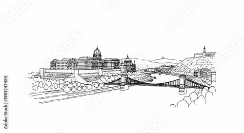 Black and white sketch of a cityscape with buildings, river, and bridge