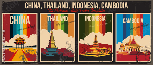 China, Thailand, Indonesia, Cambodia Main Attractions. Hangzhou West Lake Pavilion, Chiang Mai Pagoda Doi Inthanon, Ulun Danu Beratan Temple, Khmer Royal Palace Retro Postcard Style Illustrations