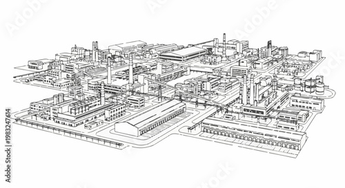 An isometric sketch of a large industrial complex with multiple buildings, smokestacks, and pipelines