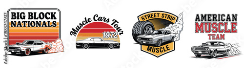 Vintage muscle car logos and badges for American Muscle Team and Big Block Nationals tshirt design