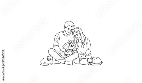 Family with baby girl and cats line art black and white minimal outline vector illustration peaceful bonding moment