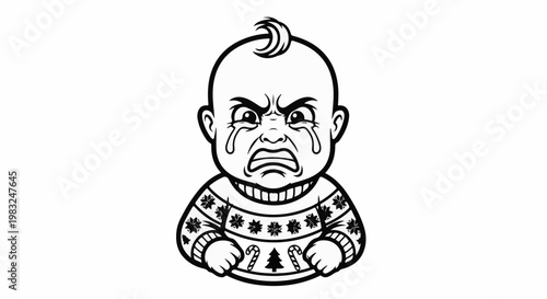 Black and white illustration of a crying baby wearing a festive sweater
