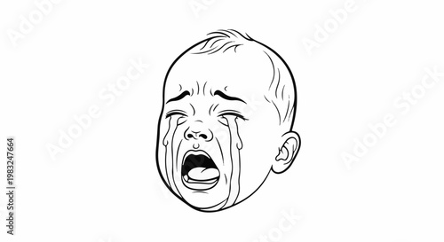 Black and white illustration of a crying baby's face with tears