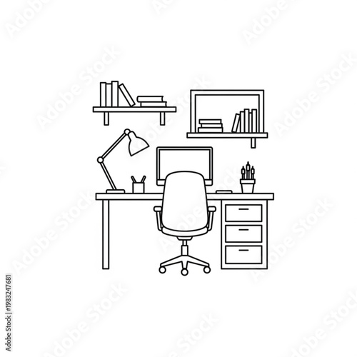 Office Desk with Computer and Chair.