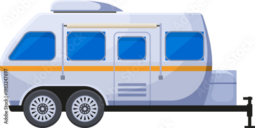 Recreational vehicle travel trailer promoting camping and outdoor adventure