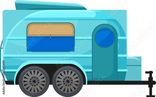 Cartoon style blue travel trailer, perfect for outdoor recreation and summer vacations