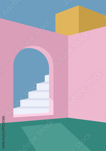 Abstract artwork displaying a colorful geometric building structure with an arch and ascending steps