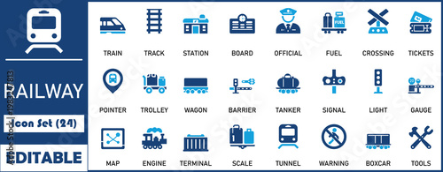 Railway icon set, contaning train, station, railroad, transportation, locomotive, track and passenger. Solid vector icon collection.