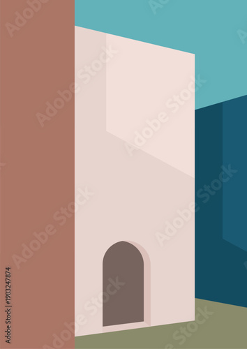 Minimalist building rendering with flat colors creating an abstract architectural scene