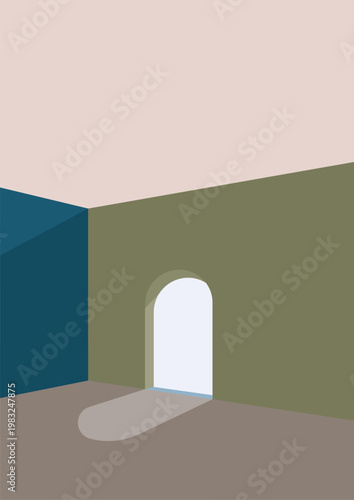 Minimalist room with an arched doorway showing light and casting a shadow on the floor