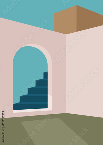 Abstract architectural shapes with an arched doorway and stairs in a minimalist style