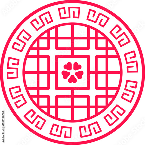 Red circular window frame pattern featuring traditional Chinese geometric and floral elements